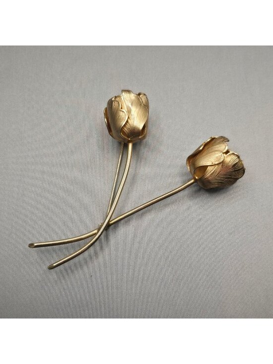 giovanni Jewelry - Vintage Giovanni Tulip Brooch 3.75" Long Stem Brushed Gold Tone 60s USA Made Pin